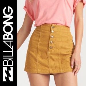 NWT Billabong “Seams Like Cord” gold corduroy button front skirt- 27